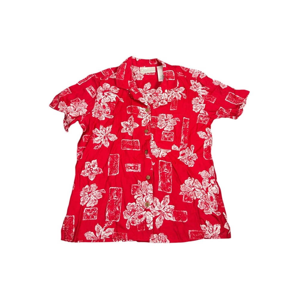 Dressbarn Women's Red White Hibiscus Tropical Rayon Button Up Shirt Size Small‎